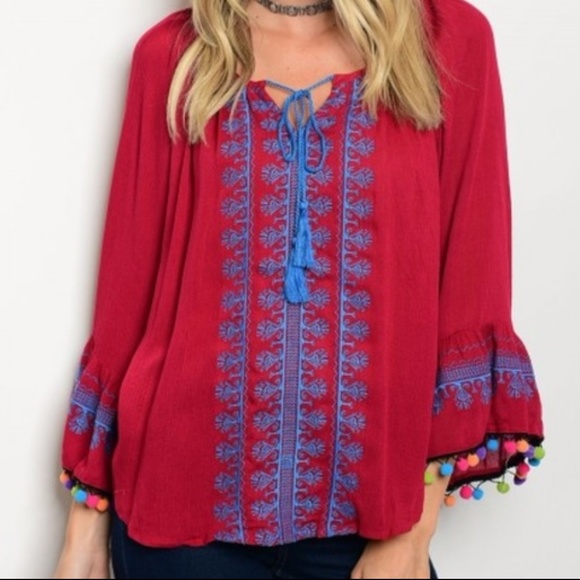 Tops - BURGUNDY TOP WITH EMROIDERING